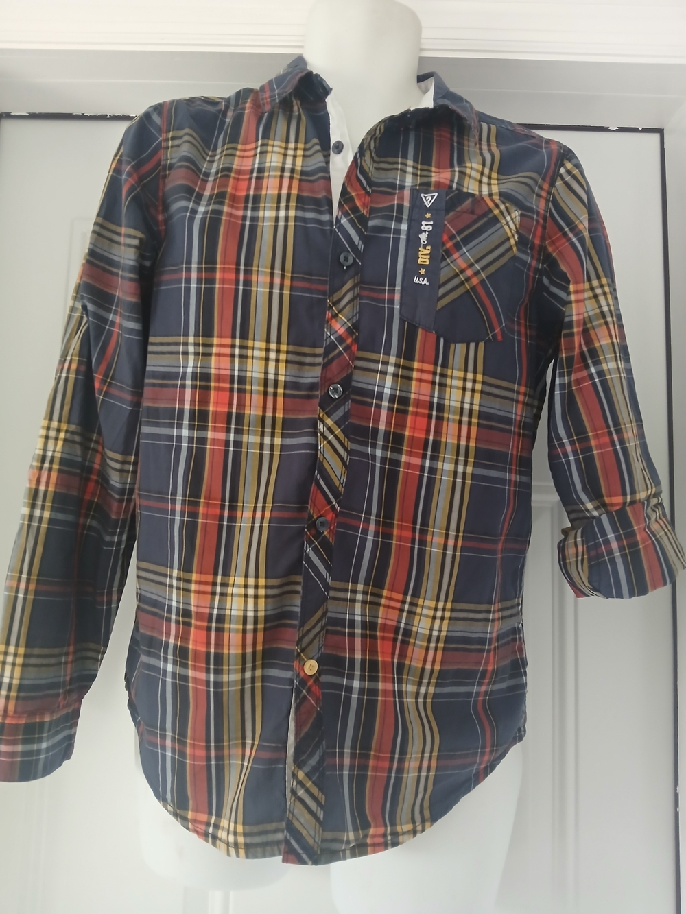 Guess Men's Plaid Button-Down Shirt in Navy, Red & Yellow - Picture 10 of 14